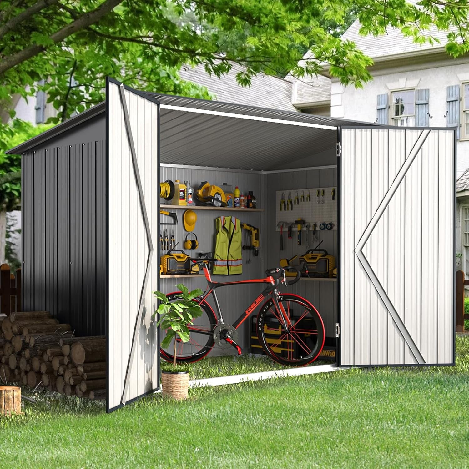 2.1 × 0.9M Outdoor Metal Garden Shed with Lockable Door – Galvanised Steel Bike & Tool Storage (203 × 96 × 141 cm)