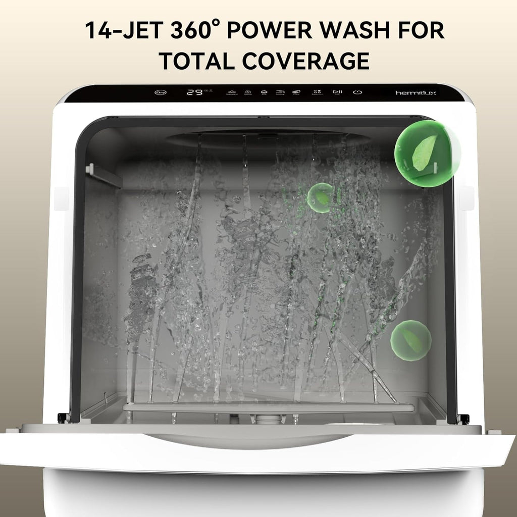 Hermitlux Table Top Dishwasher – Mini Countertop, 4 Place Settings, 6 Programs, Built-In 5L Water Tank, Touch Control