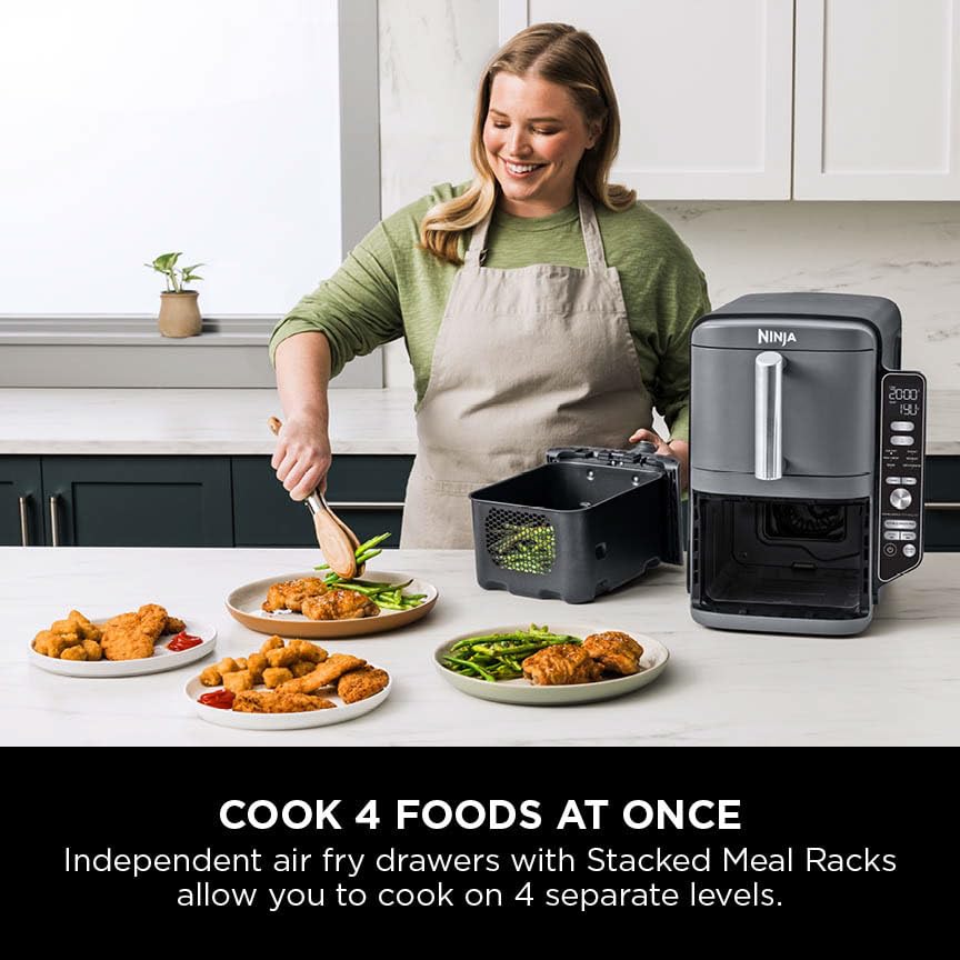 Double Stack XL Air Fryer, Vertical Dual Drawer AirFryer with 4 cooking levels, 2 Drawers and 2 Racks, Space Saving Design