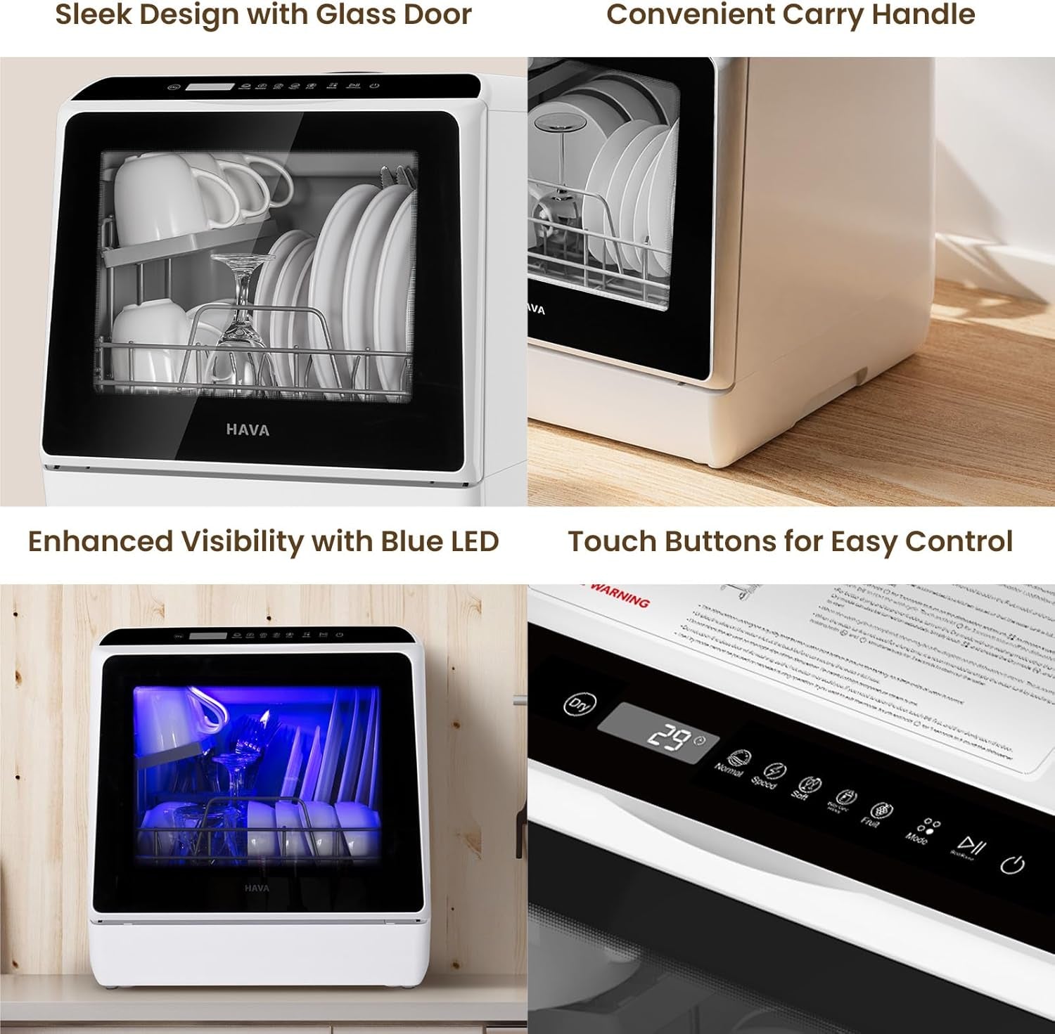 HAVA Table Top Dishwasher – Mini Countertop, Portable, 6 Programs, 5L Water Tank, No Installation Required