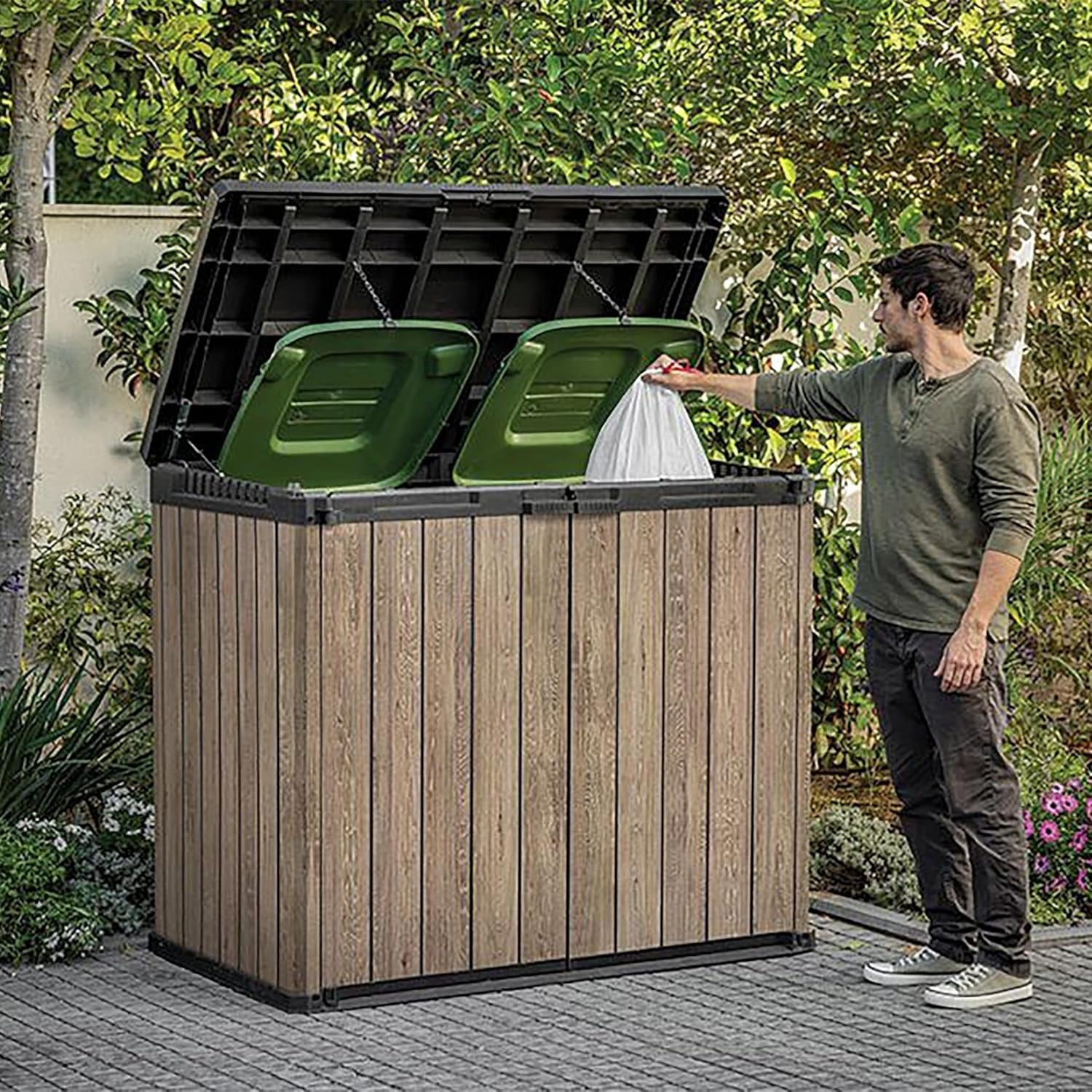 1150L Outdoor Storage Box – Ashwood Brown Wood-Effect Resin