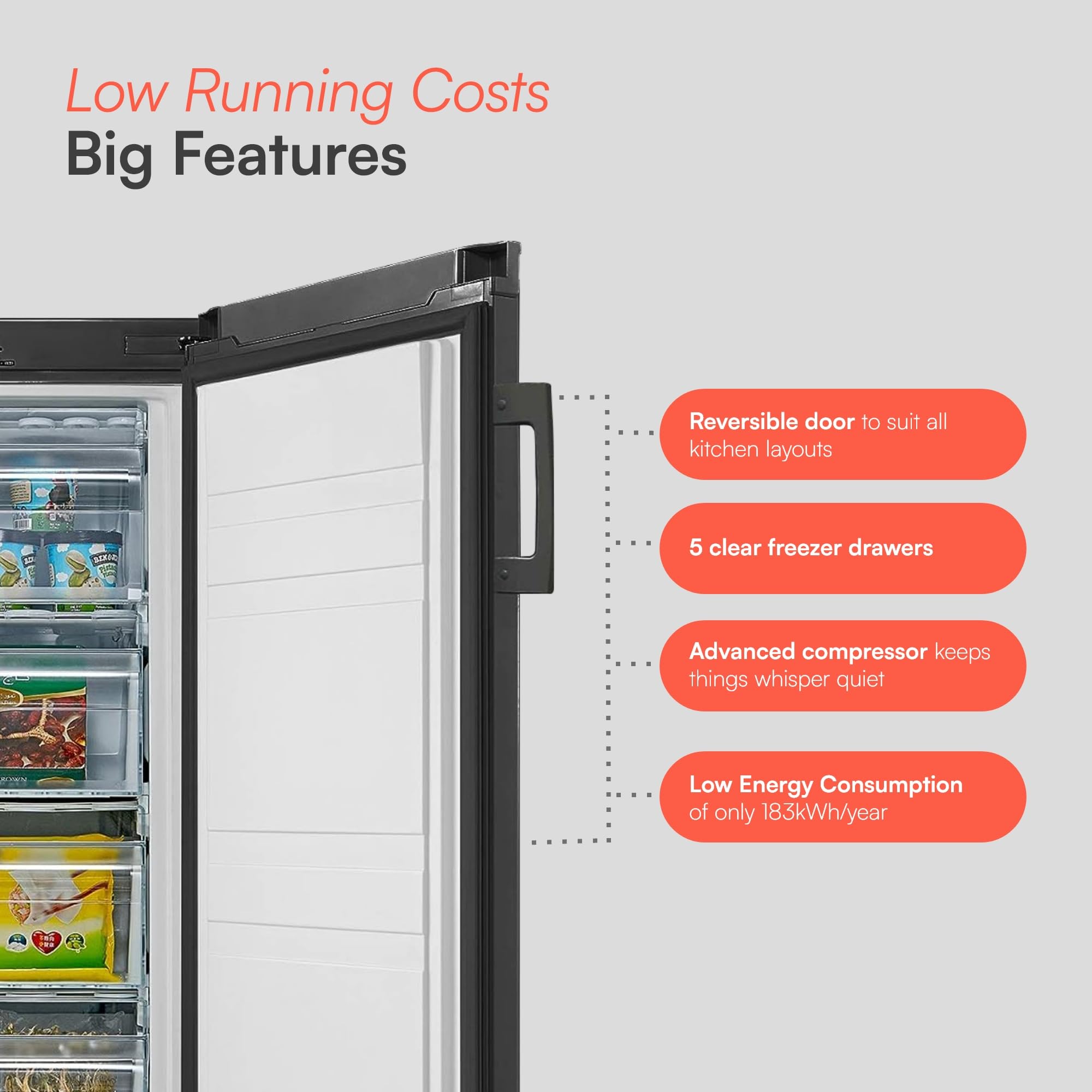 CTFZ160BK Tall Freestanding Freezer - Upright Freezer with 160 Litre Capacity - 142cm High and 55cm Wide