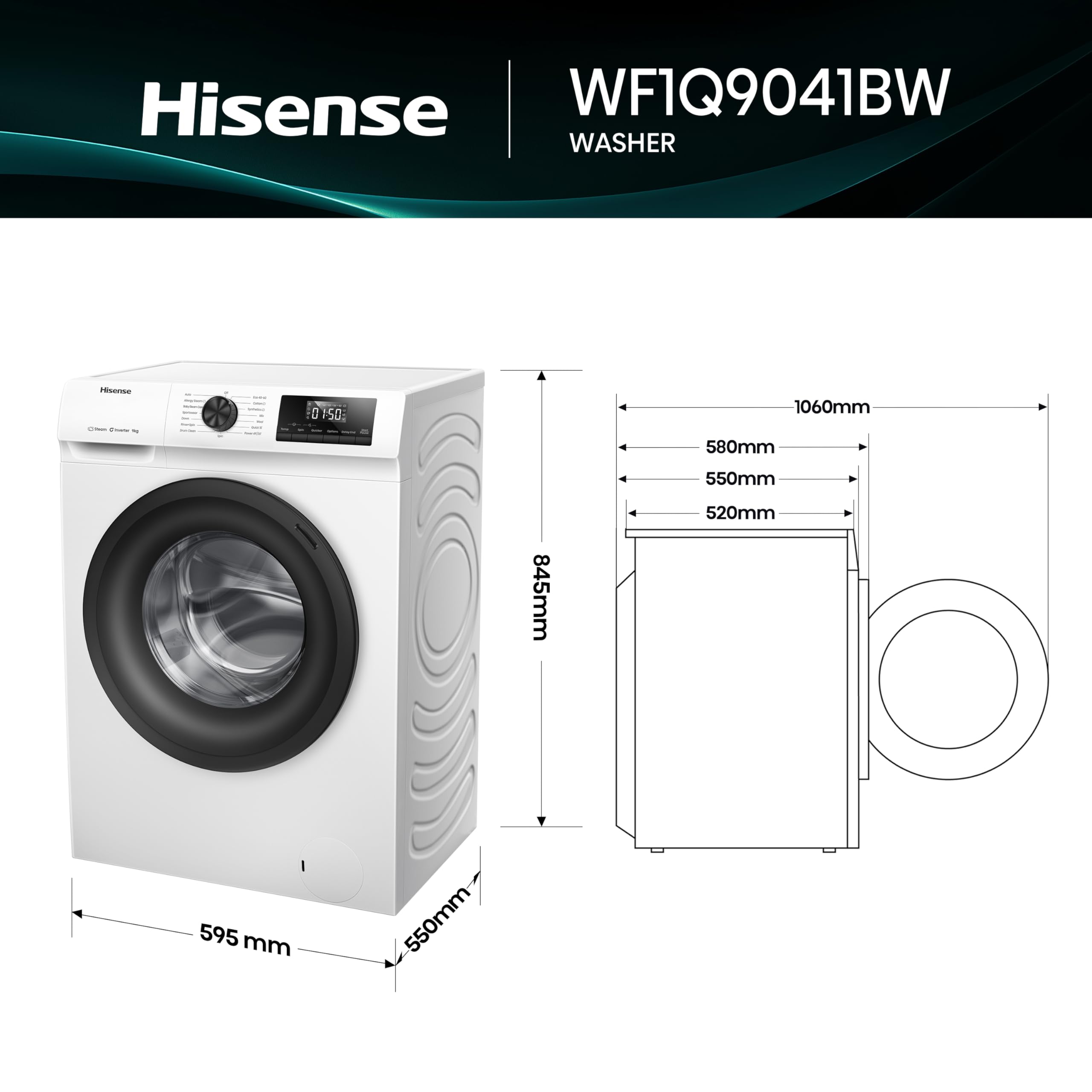 1Q Series WF1Q9041BW Freestanding 9 KG Front Load Washing Durable Inverter Machine, Steam Wash