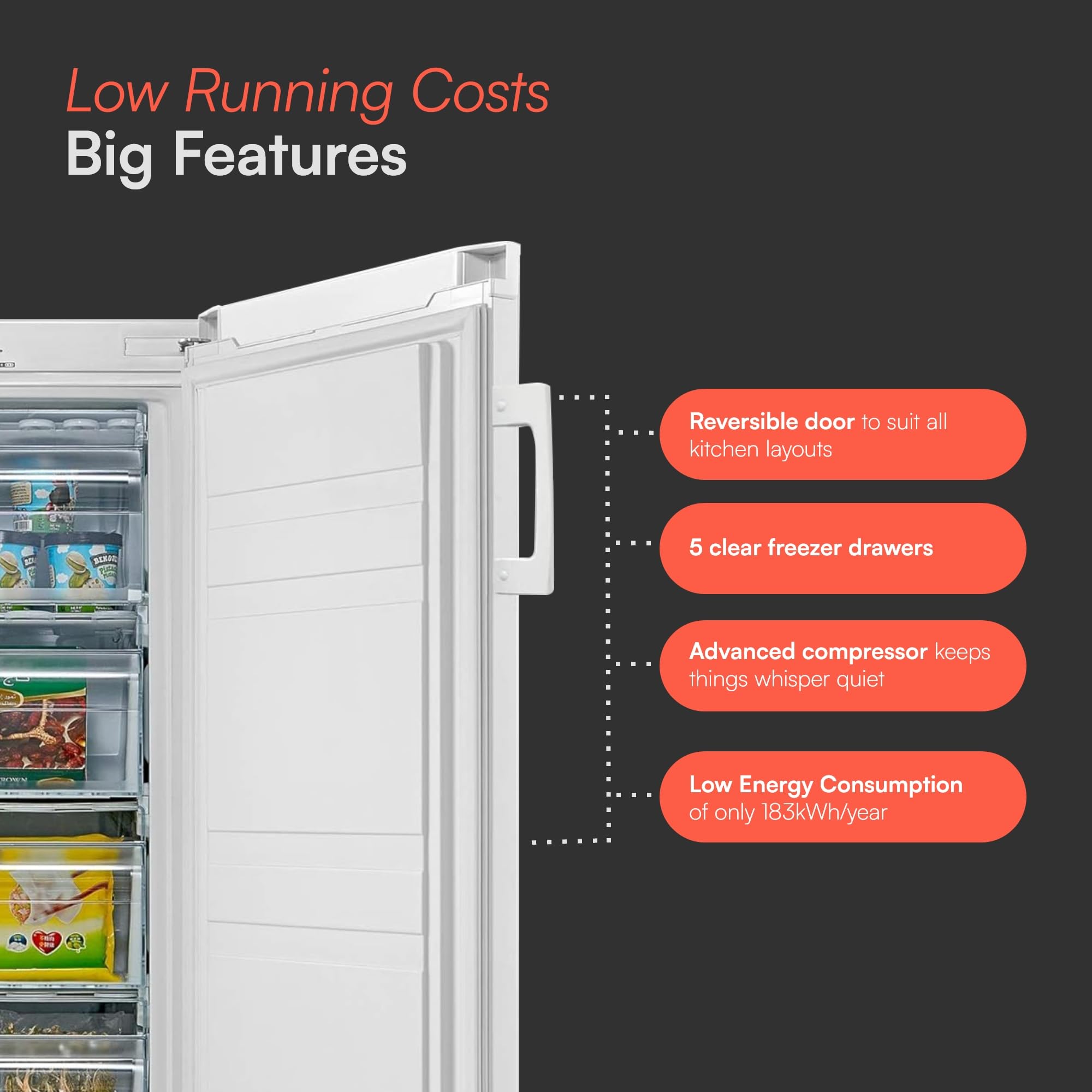 CTFZ160WH Tall Freestanding Freezer - Upright Freezer with 160 Litre Capacity - 142cm High and 55cm Wide
