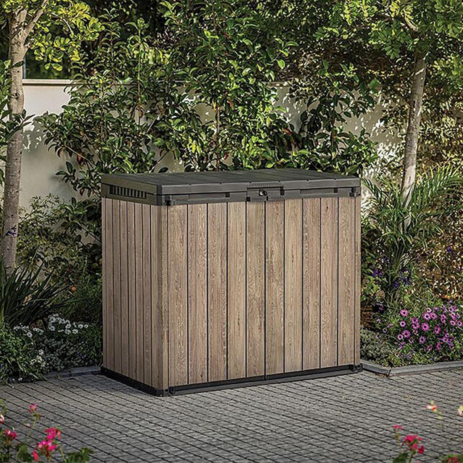 1150L Outdoor Storage Box – Ashwood Brown Wood-Effect Resin