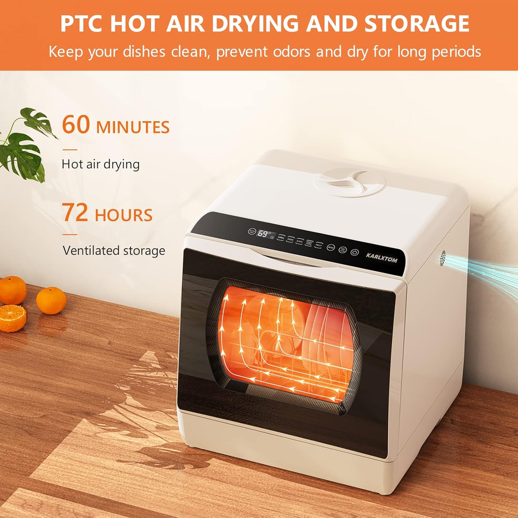 Karlxtom Mini Table Top Dishwasher – 6 Programs, Touch Control, Auto Drying, Baby Care & Fruit Wash